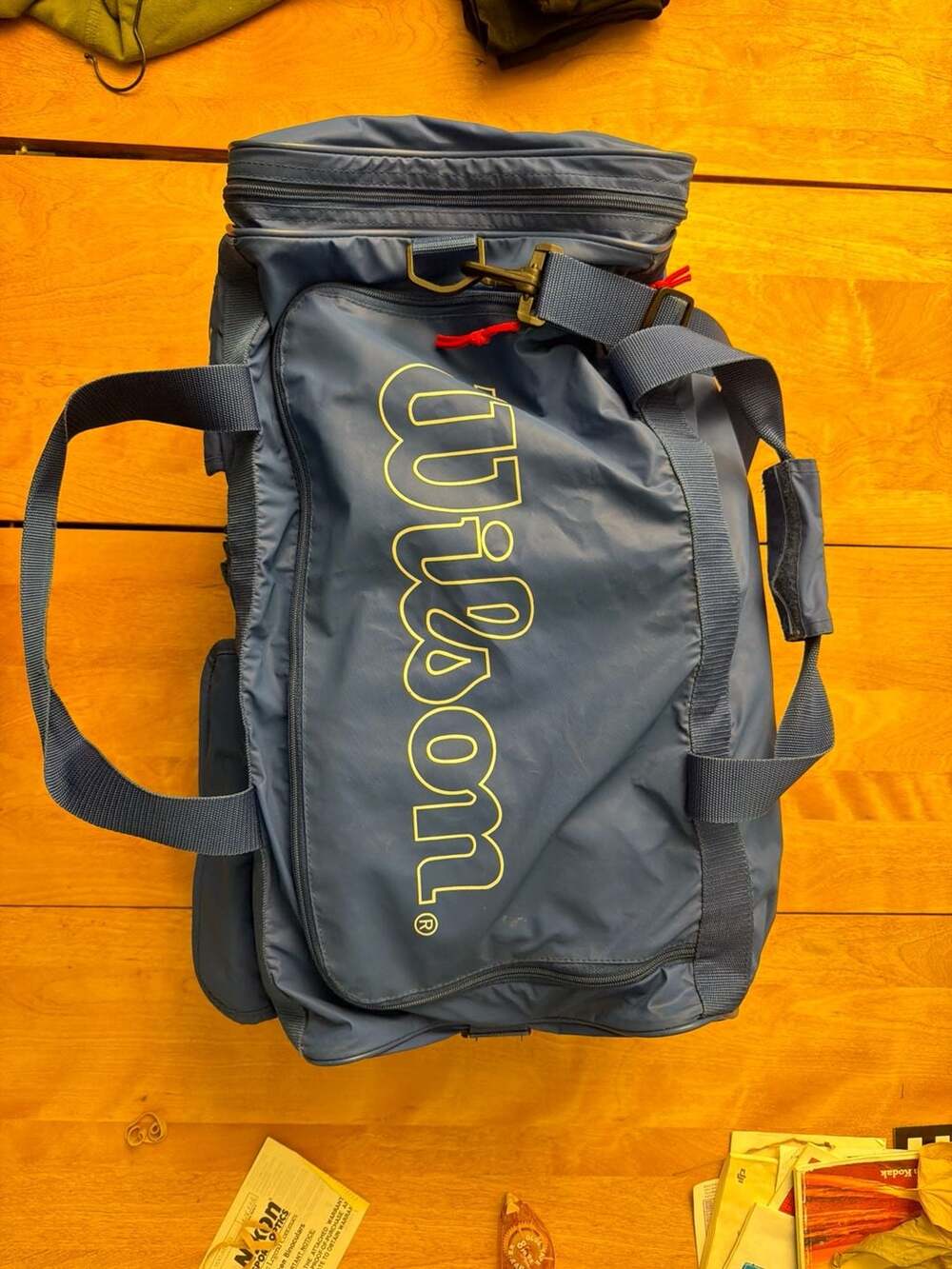 Vintage Wilson Blue Nylon Sports Duffle Bag with Red Logo Accents